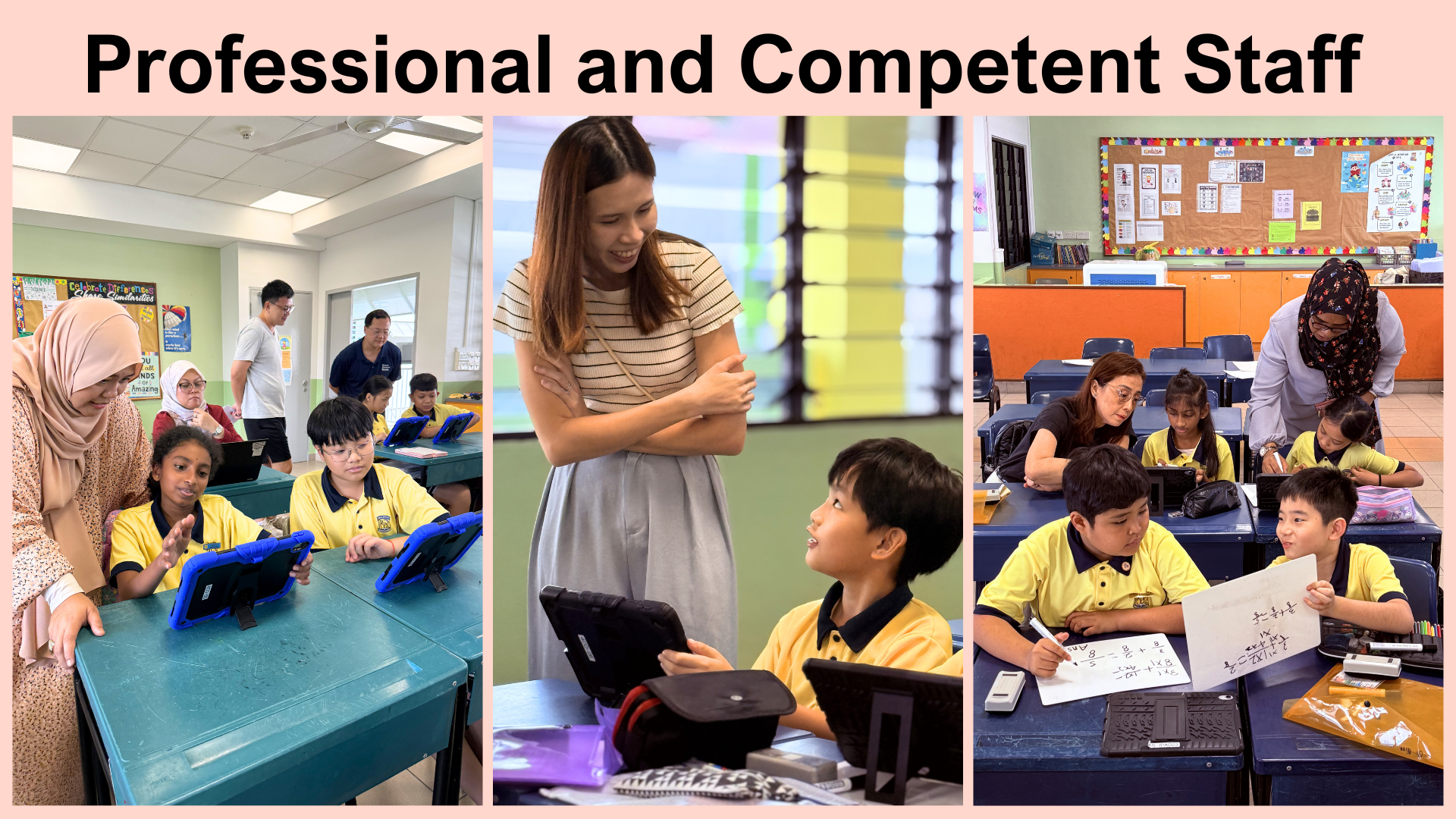 classroom scenes with teachers assisting students in yellow uniforms using tablets.